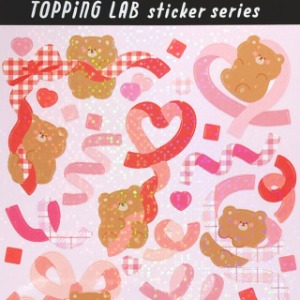 [씰] 토핑 랩 컨페티 스티커 : 반짝이 곰돌이 체크 (핑크)